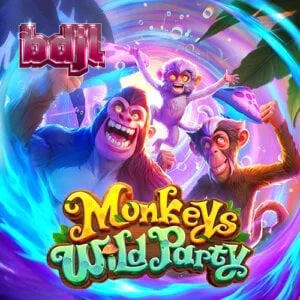 Monkeys Wild Party স্লট গেমের ইন্টারফেস এবং রঙিন জঙ্গল থিম